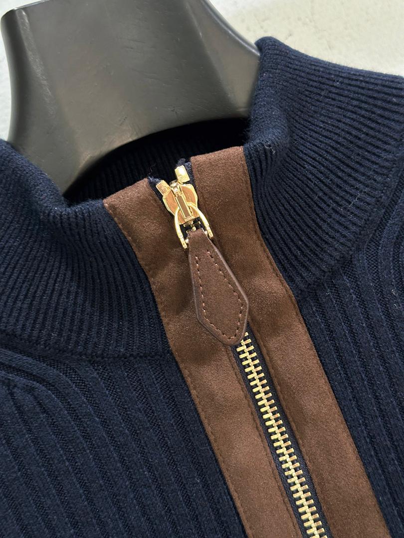 RIBBED ZIP-UP NAVY JACKET